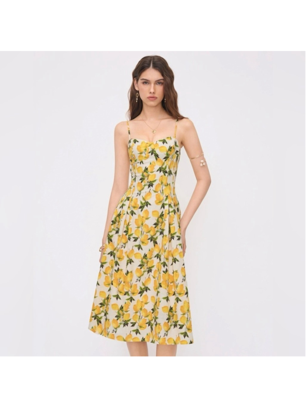 Cider COTTON LEMON LACE UP PLEATED CAMI MIDI DRESS M CC2-7